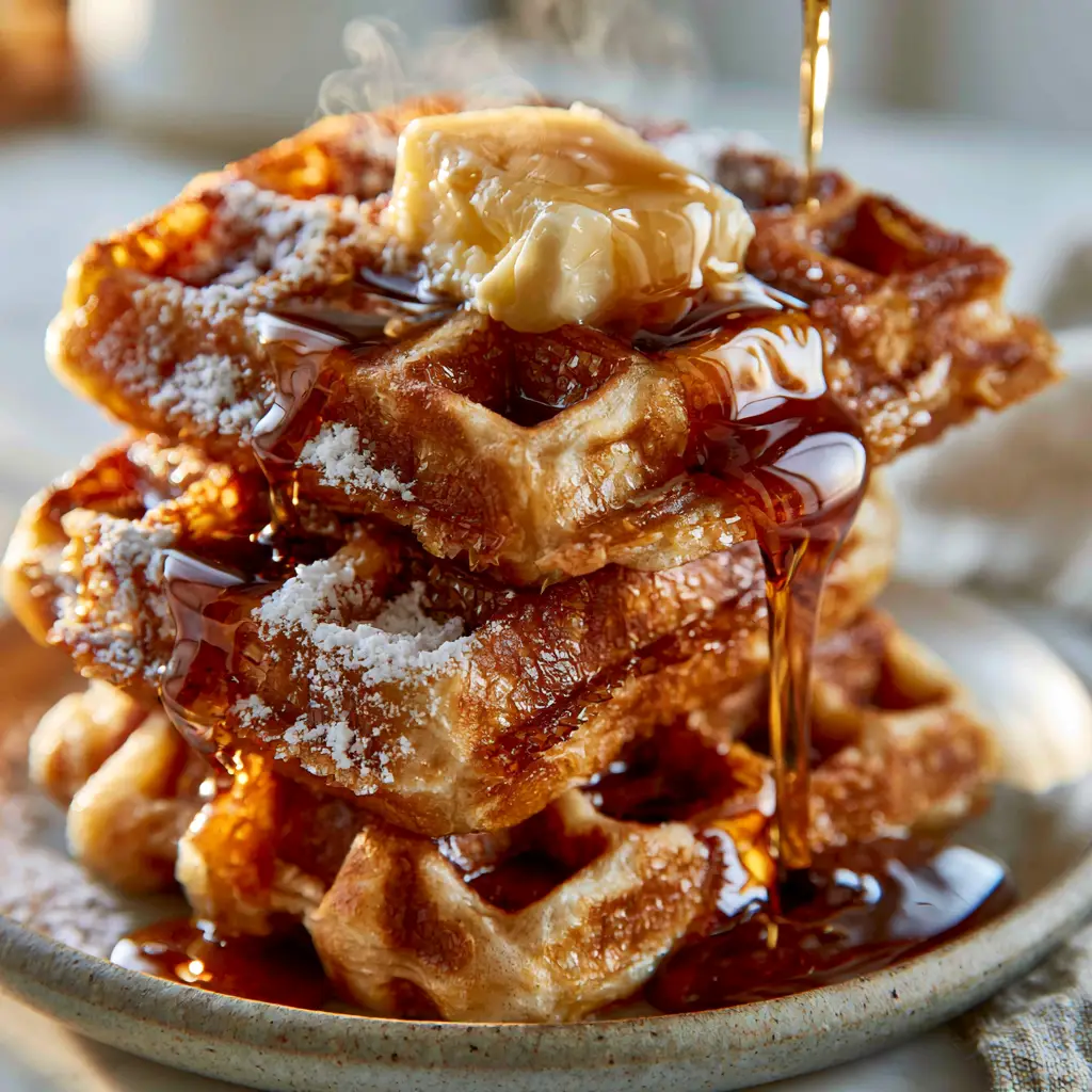 Macro eye-level shot of thick waffles showing the visible shattered-glass crispy texture on the golden-brown ridges. (waffles)