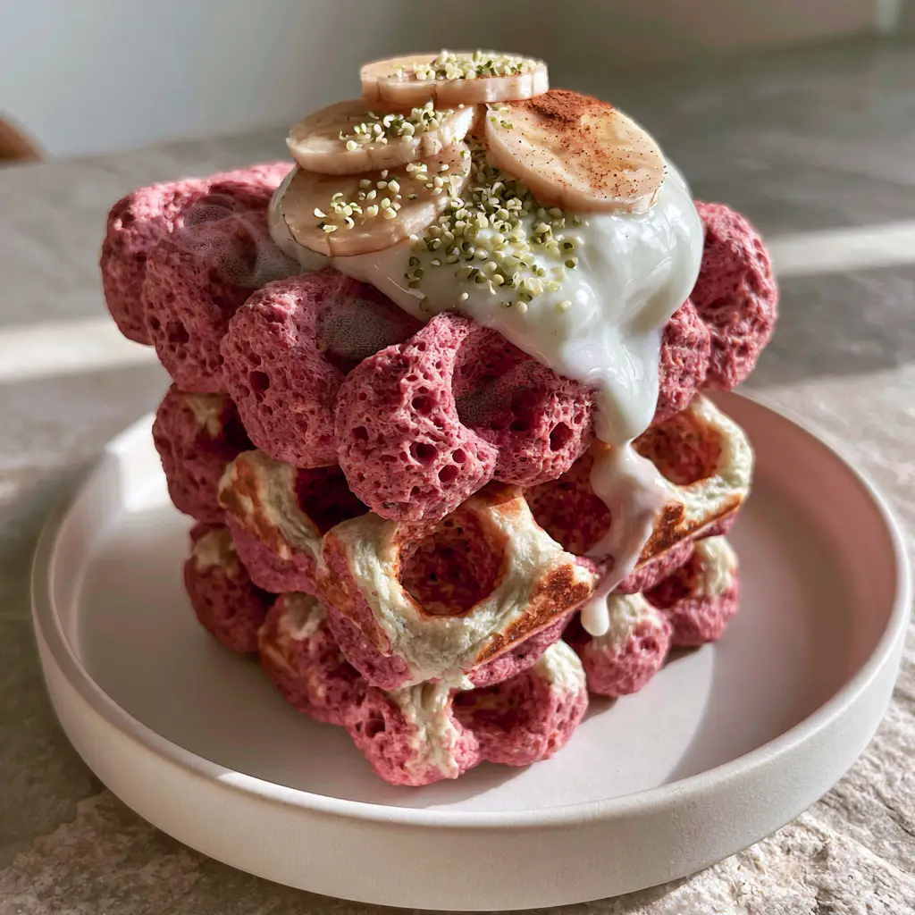 Close up of the airy, porous texture of Beet and banana waffles with steam rising and melting Greek yogurt.