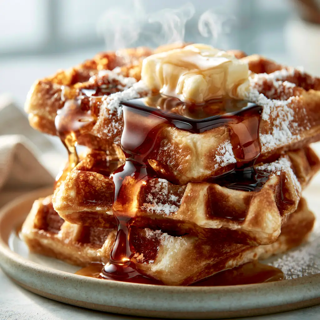 Waffles with a Shattered-Glass Crust: The Ultimate Crispy Belgian Recipe 1 A stack of Belgian waffles on a matte ceramic plate with fine powdered sugar settled into the crevices and steam rising.