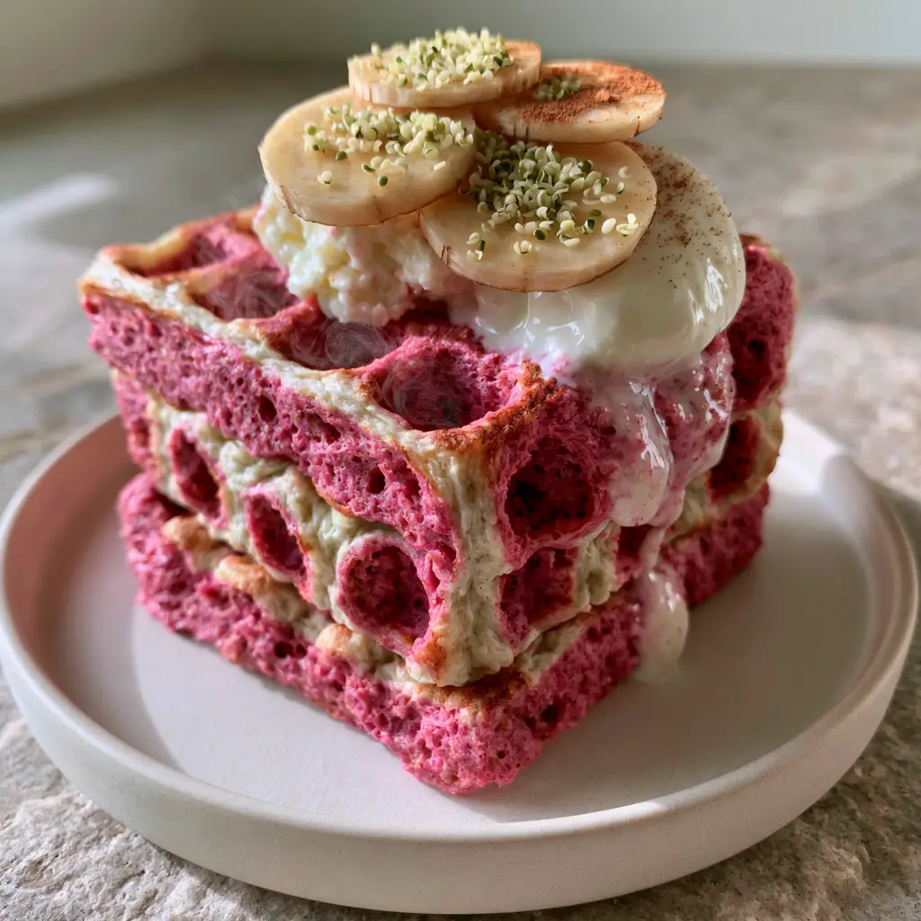 Beet and banana waffles served on a minimalist ceramic plate with golden-brown ridges and pink center.