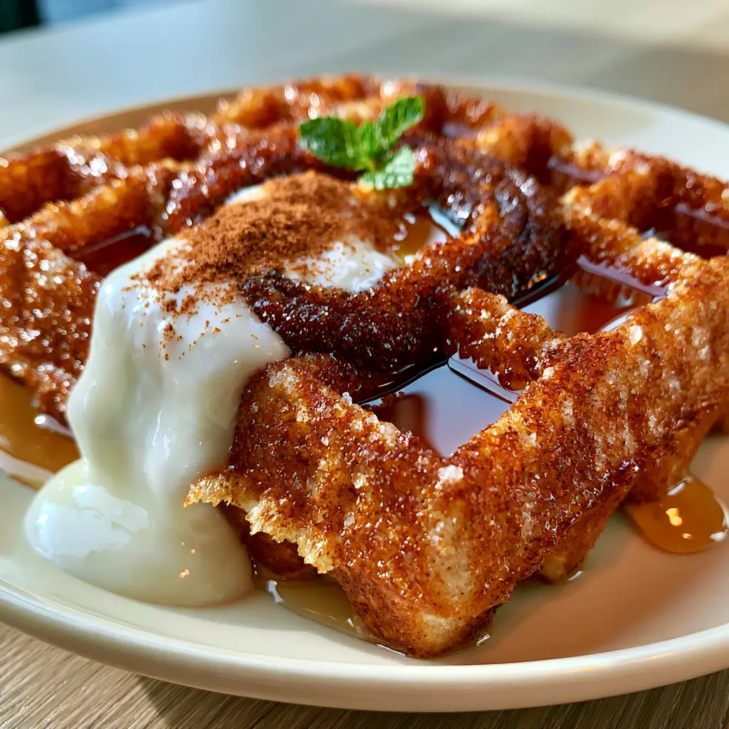 Extreme close-up of a thick Belgian waffle with visible caramelized sugar crystals and pools of maple syrup. (Cinnamon Waffles)