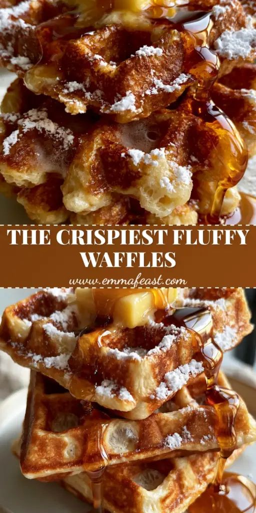 Fluffy Waffles: The Ultimate Crispy Belgian Recipe with Airy Centers 4 A tall stack of three thick Belgian fluffy waffles with a golden-brown crust, melting butter, and amber maple syrup on a matte white plate.