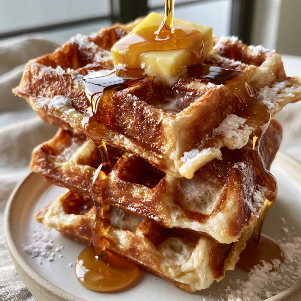 Close-up of fluffy waffles showing the toasted golden-brown exterior and airy centers with steam wisps.