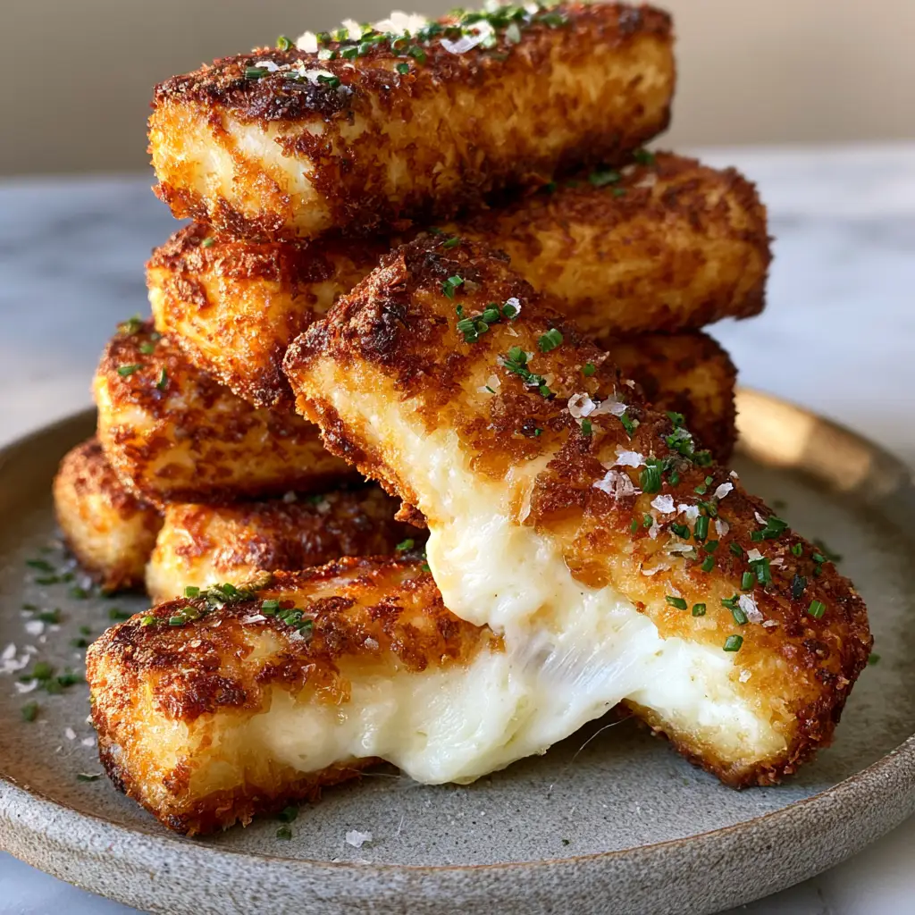 Cottage Cheese Sticks pulled apart to reveal a gooey, bright white molten center on a rustic plate.