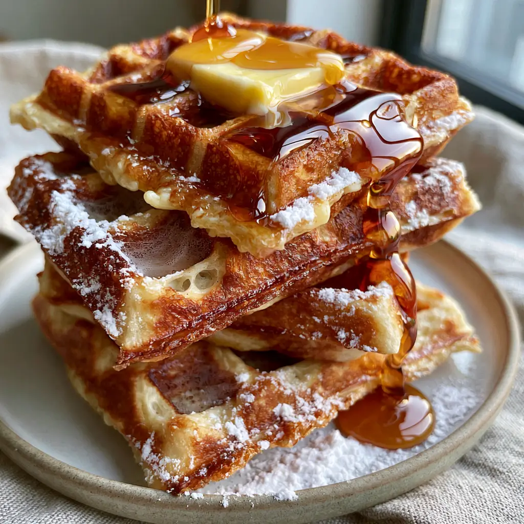 Fluffy Waffles: The Ultimate Crispy Belgian Recipe with Airy Centers 1 Thick amber maple syrup being poured over a stack of fluffy waffles with powdered sugar dusting.