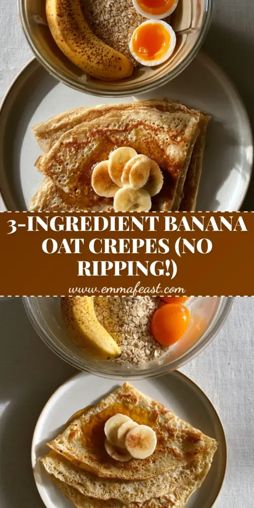 Blender Banana Oat Crepes with Lacy Golden Edges 4 A stack of three golden-brown Blender banana oat crepes folded into triangles on a white plate with maple syrup and banana slices.