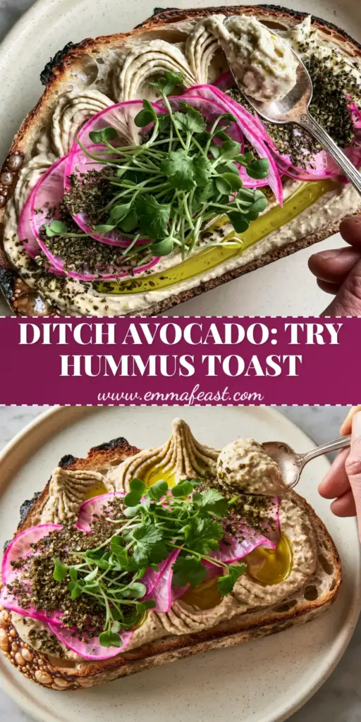 Hummus Toast with Zesty Za'atar and Paper-Thin Radish 3 Top-down handheld photo of artisanal hummus toast with pink radishes, za'atar, and micro-cilantro on sourdough. (hummus toast)