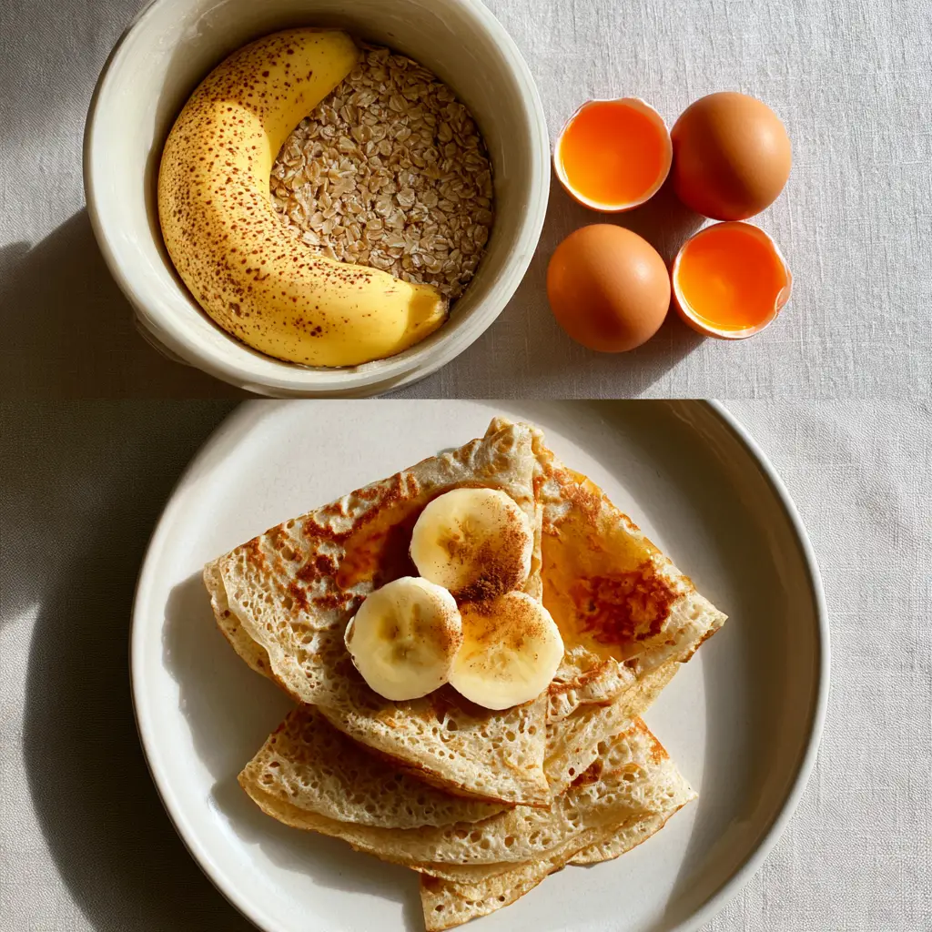Split screen view showing raw oats and bananas in a blender jar on top and finished Blender banana oat crepes on the bottom.