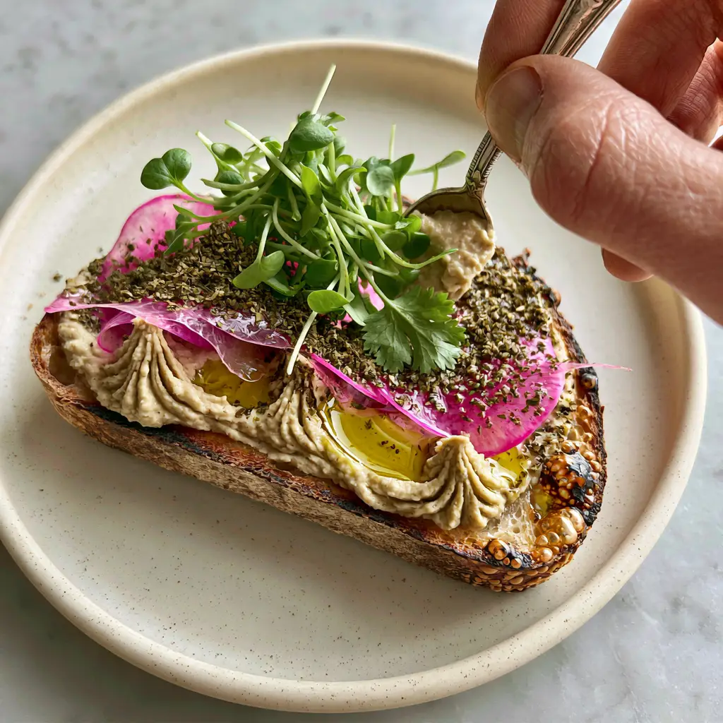 Hyper-realistic top-down photo of charred sourdough hummus toast with glistening olive oil and herbs. (hummus toast)