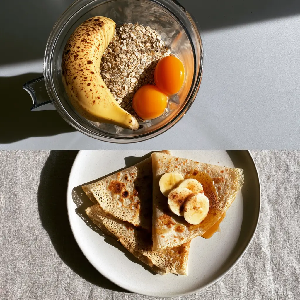 Blender Banana Oat Crepes with Lacy Golden Edges 1 Close up of the lacy toasted edges and golden-brown spots of Blender banana oat crepes on a matte ceramic plate.