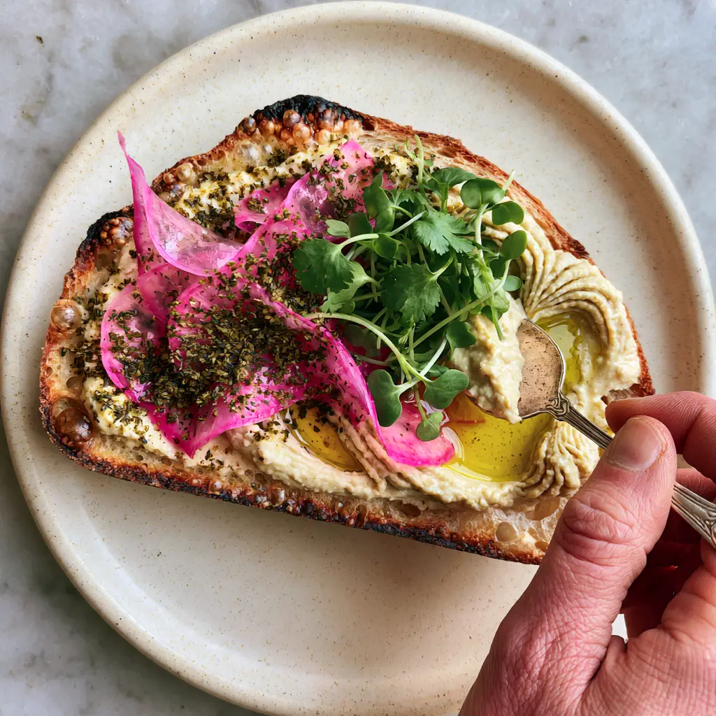 Hummus Toast with Zesty Za'atar and Paper-Thin Radish 1 Visual of a silver spoon adding a final dollop of hummus to toasted sourdough on a speckled ceramic plate. (hummus toast)