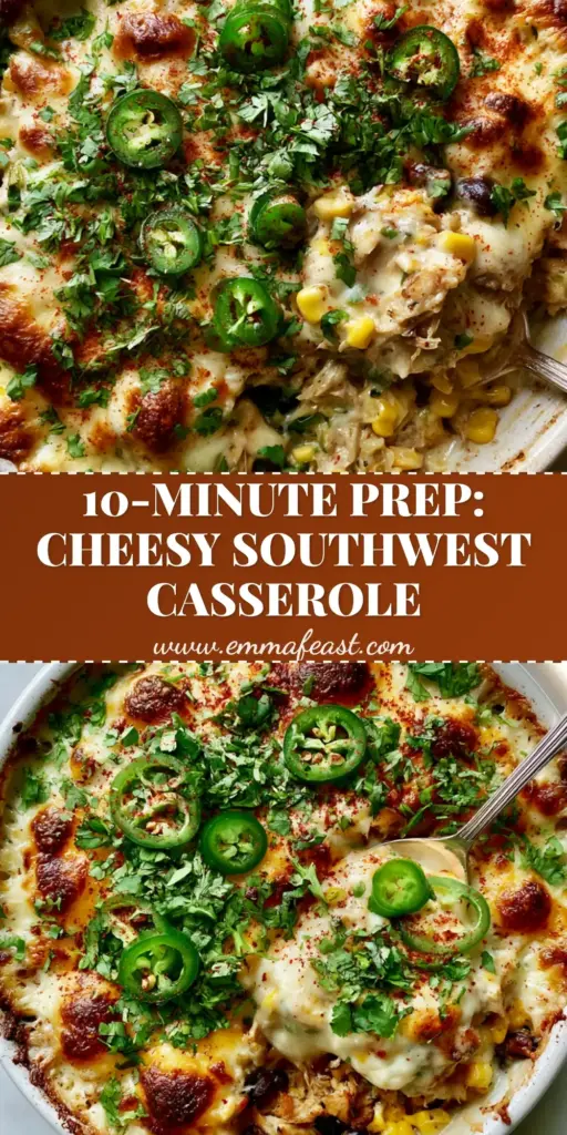 Southwest Chicken Casserole: The Ultimate Cheesy Rotisserie Bake 4 A top-down view of a Southwest Chicken Casserole in a white ceramic dish with bubbling cheese, cilantro, and jalapeños.