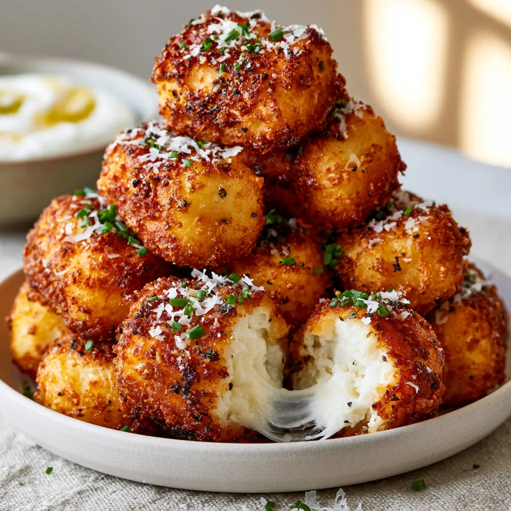 Extreme close up of Cottage Cheese Tots showing the golden bubbly crust and chive garnish.