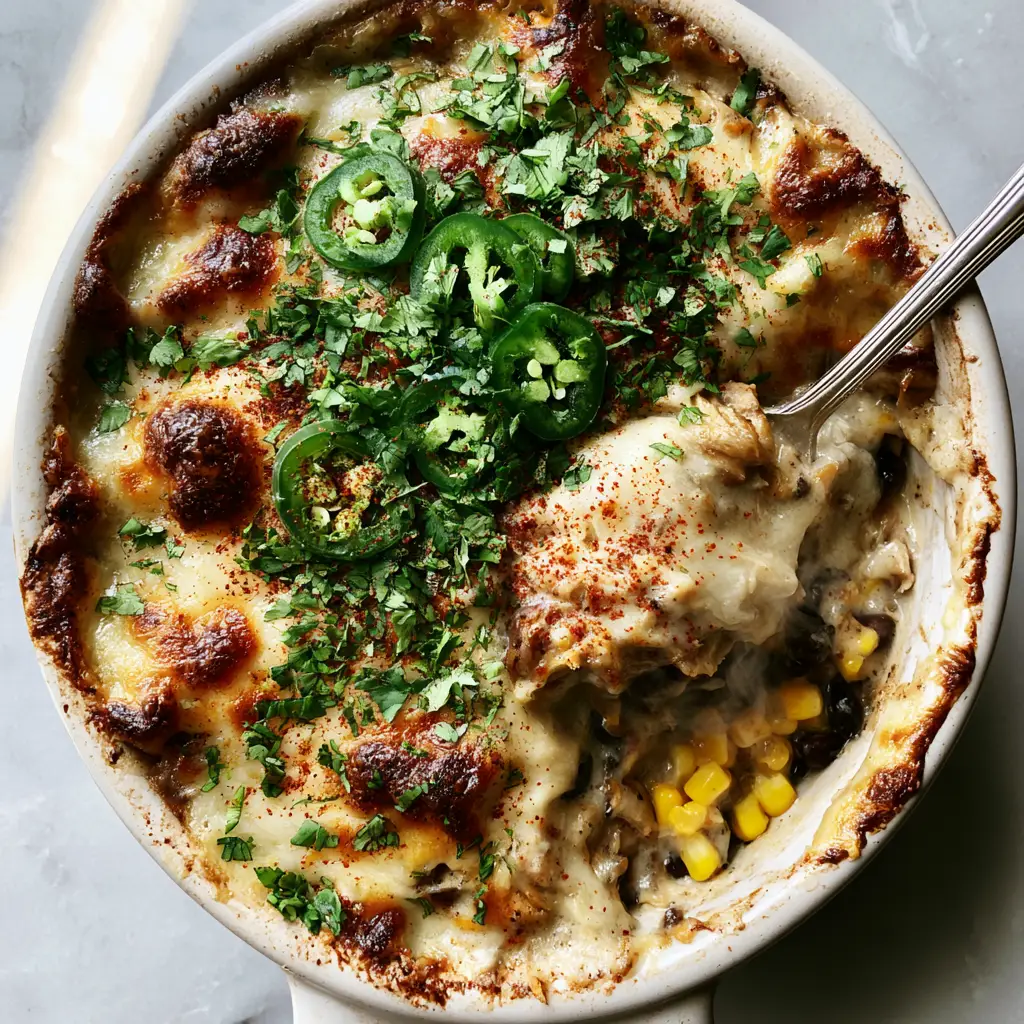 Top-down photo of Southwest Chicken Casserole featuring melted Monterey Jack, cheddar, black beans, and corn.