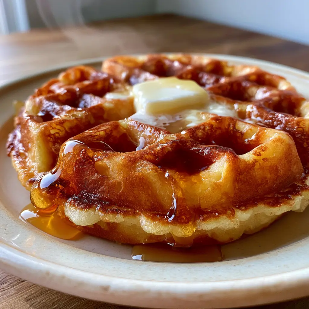 Macro photo showing the shatter-crisp jagged edges of a deep golden Belgian waffle. (crispy classic waffles)