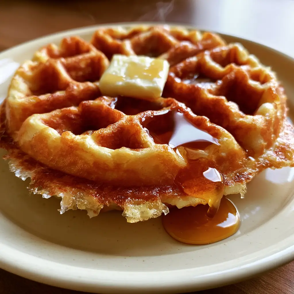 Crispy Classic Waffles: The Ultimate Shatter-Crisp Belgian Recipe 1 A single thick Belgian waffle with maple syrup frozen mid-drip on a matte ceramic plate. (crispy classic waffles)