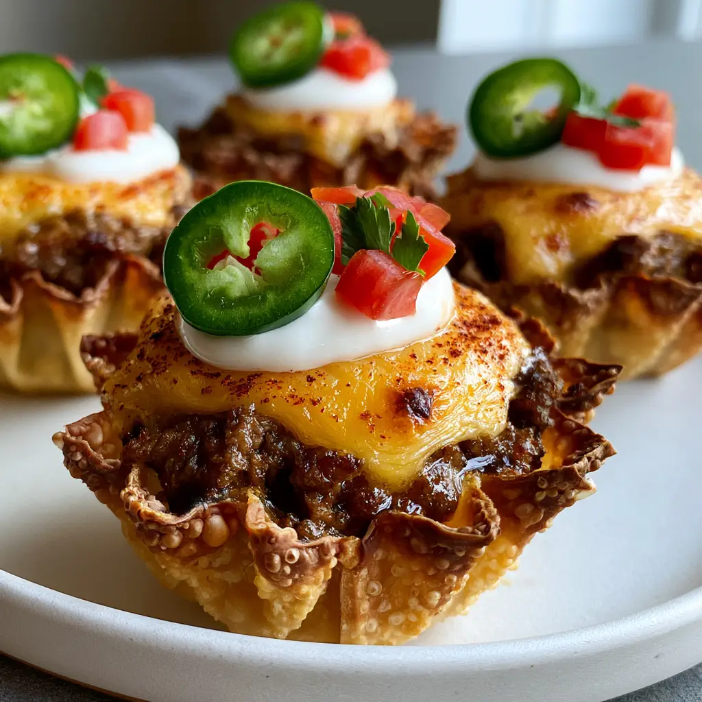 Detailed view of the melted sharp cheddar with toasted brown spots inside a Mini Taco Cups recipe.