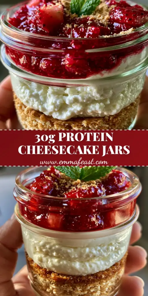 High Protein Cheesecake Jars with Whipped Cottage Cheese and Strawberry Compote 3 A close-up of high protein cheesecake jars featuring a golden graham cracker crust, thick whipped cottage cheese, and glossy strawberry compote with a mint garnish.