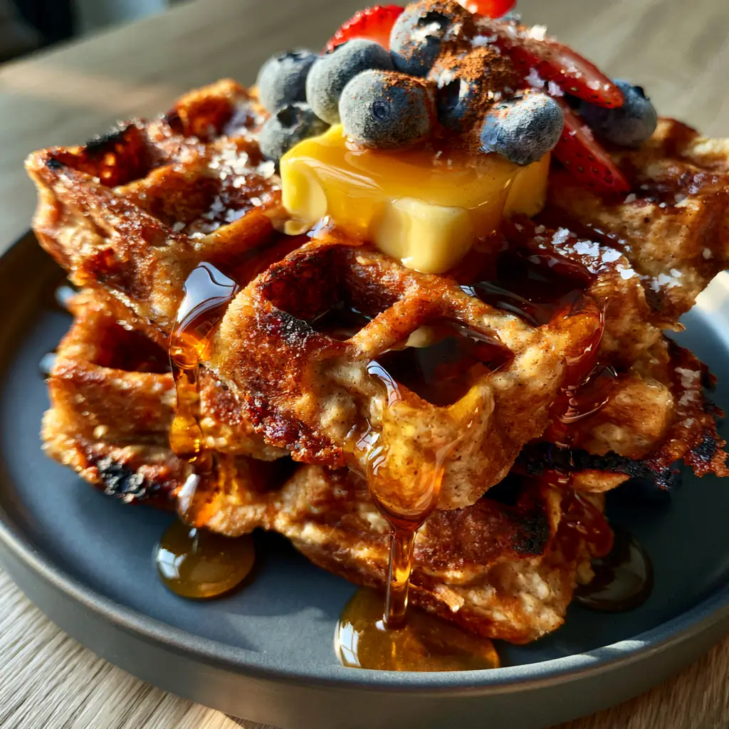 High-angle shot of oat flour waffles on a charcoal plate with blueberries and strawberries.