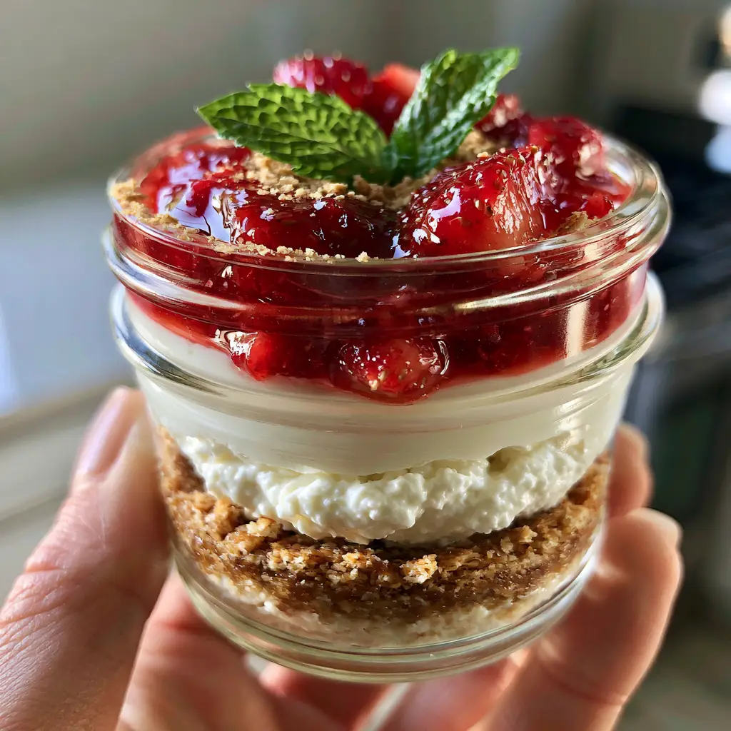 A handheld mason jar containing high protein cheesecake jars with visible layers of crust, white filling, and red strawberry compote.