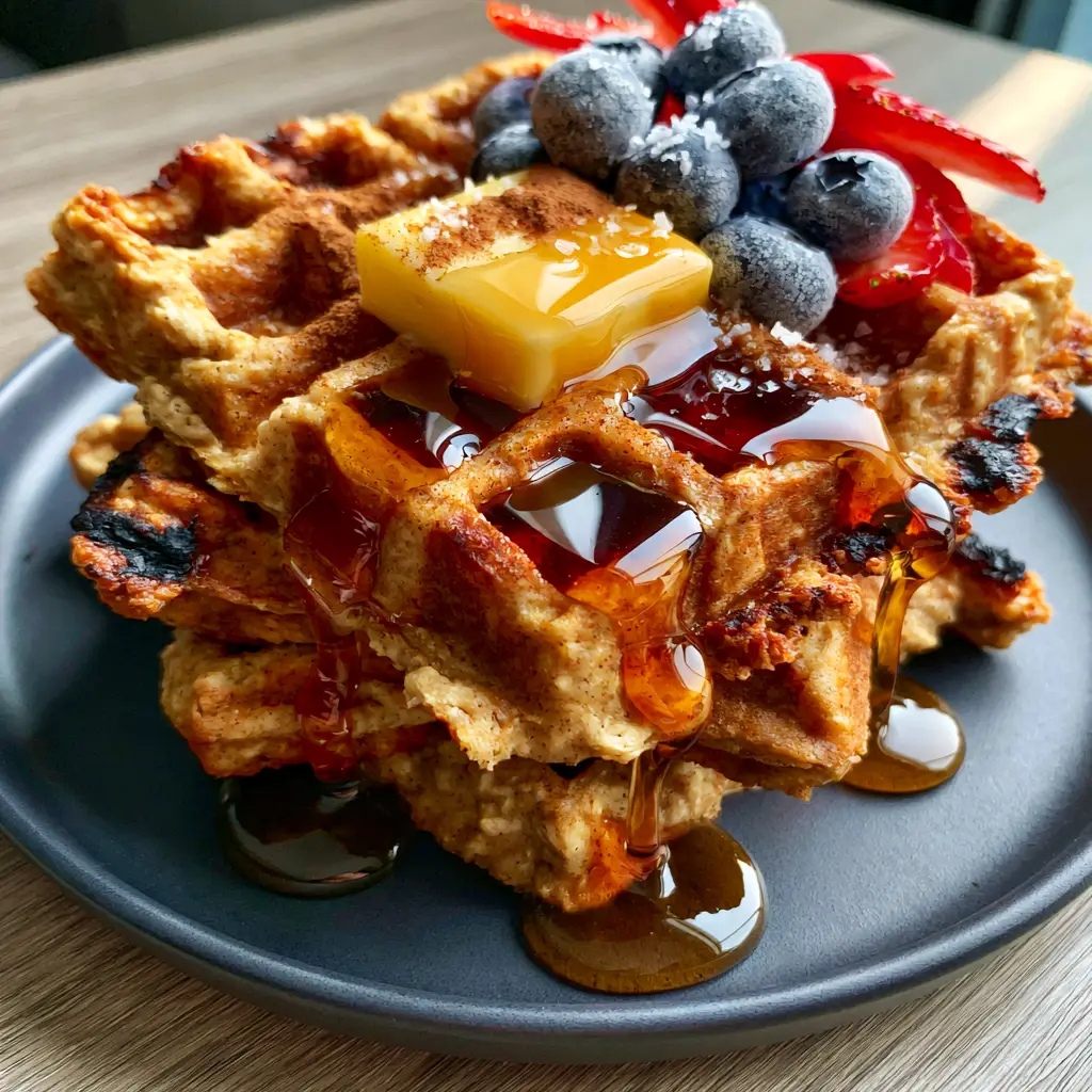 Oat Flour Waffles: The Ultimate Guide to Crispy, Golden-Brown Bliss 1 Close up of viscous maple syrup dripping down a stack of golden-brown oat flour waffles.