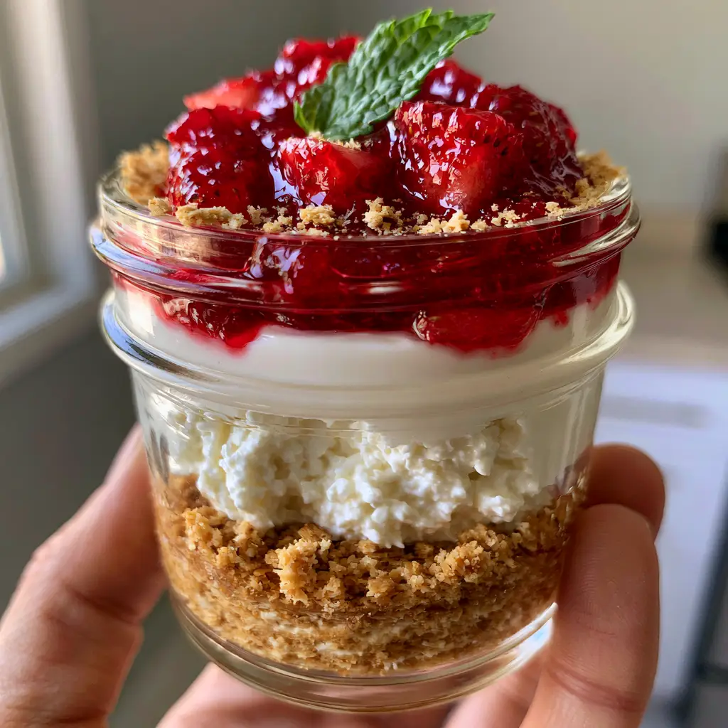 High Protein Cheesecake Jars with Whipped Cottage Cheese and Strawberry Compote 1 Top view of high protein cheesecake jars showing the glossy strawberry compote and fresh mint leaf garnish.