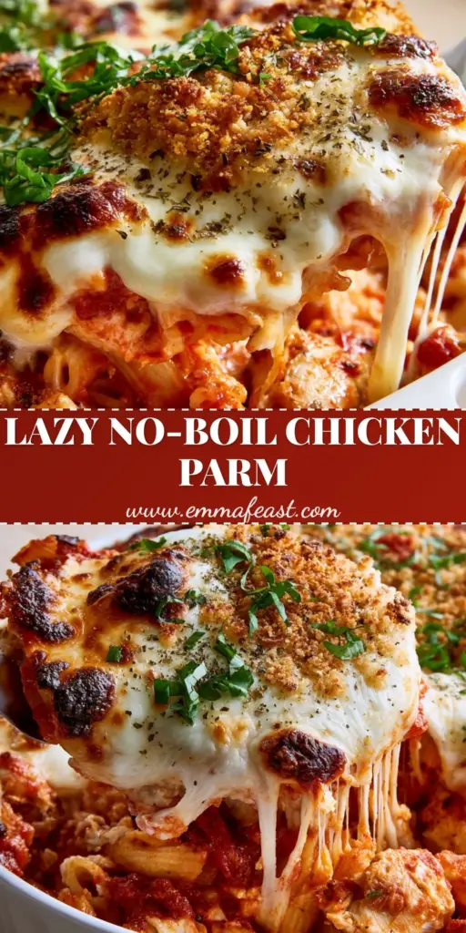 A bubbling Chicken Parmesan Casserole in a white ceramic dish featuring golden charred mozzarella and a center of toasted panko.
