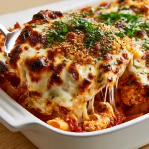 Close-up of Chicken Parmesan Casserole showing the detail of charred cheese and fresh basil ribbons.