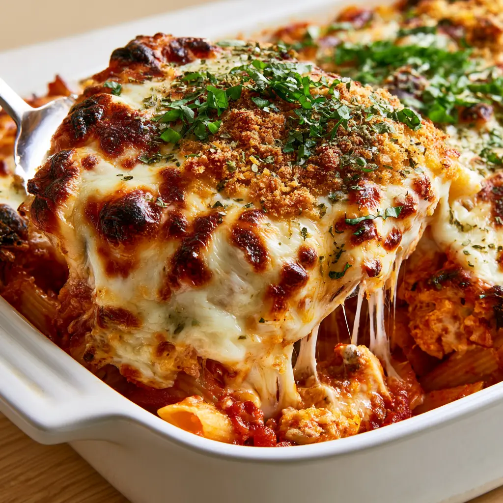 Close-up of Chicken Parmesan Casserole showing the detail of charred cheese and fresh basil ribbons.