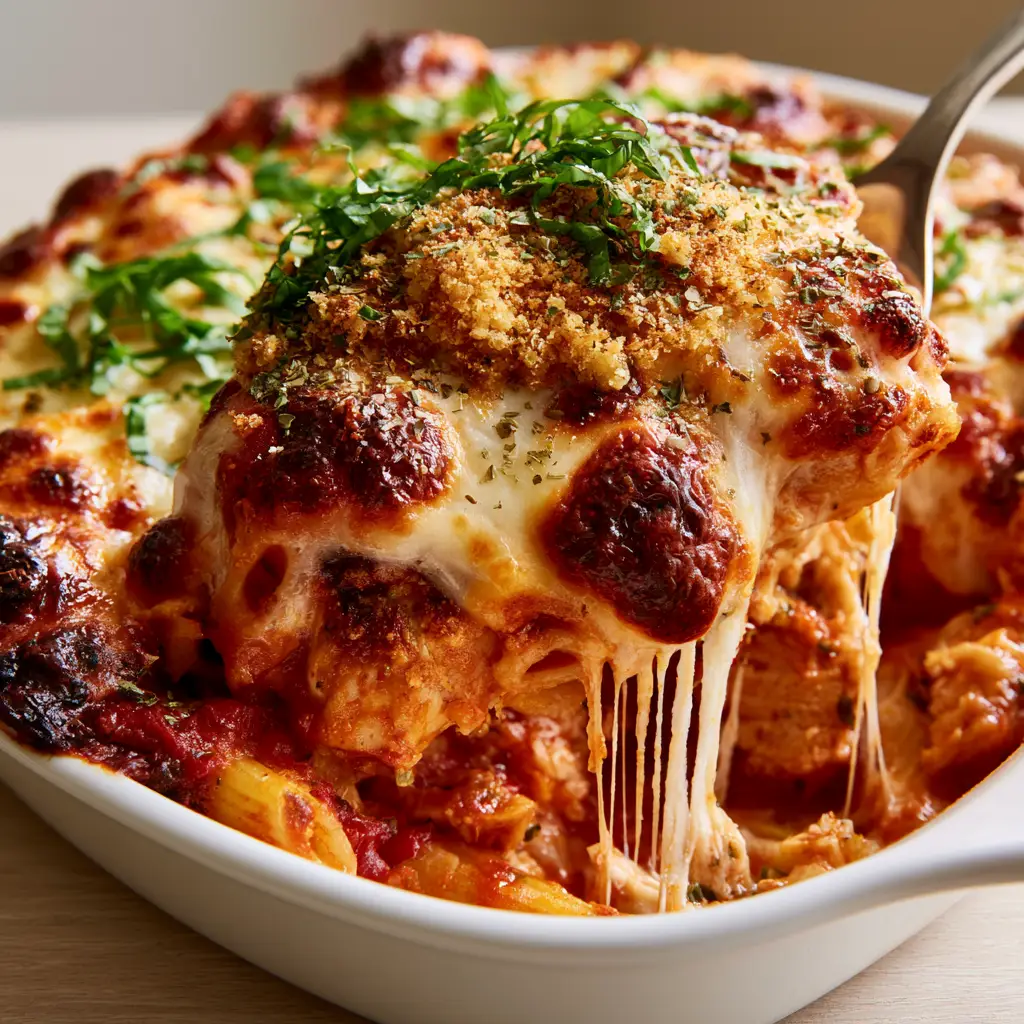 A silver server lifting a portion of Chicken Parmesan Casserole with long stretchy cheese strings.