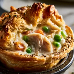 Macro photography of a single mini chicken pot pie being lifted out of a tin, showing layers of puff pastry and thick cream sauce. (mini chicken pot pies)