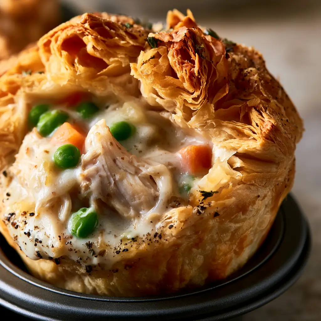 Mini Chicken Pot Pies with Flaky Puff Pastry and Heavy Cream Sauce 1 A close-up of a mini chicken pot pie showing vibrant peas, orange carrots, and shredded chicken inside a crispy pastry shell.