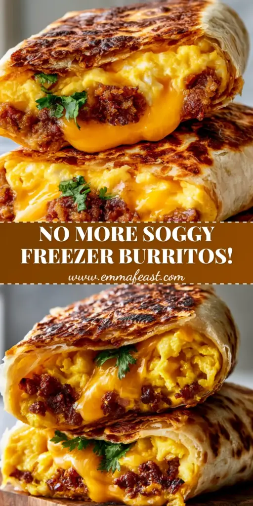 Two stacked freezer breakfast burritos sliced diagonally on a wooden board, showing fluffy eggs, melted cheese, and crispy sausage with visible steam. (freezer breakfast burritos)