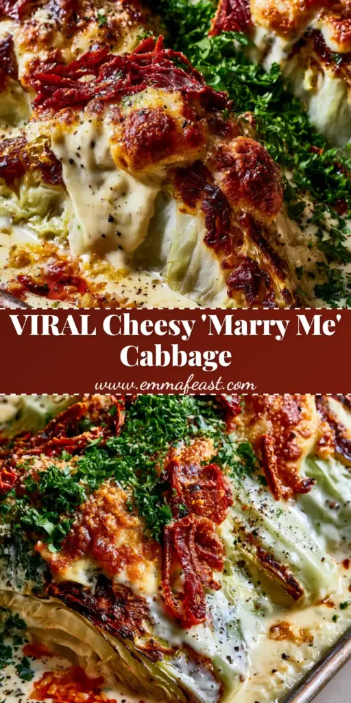 A rustic rimmed sheet pan with charred green cabbage wedges, thick garlic cream sauce, and bubbly melted mozzarella. (Marry Me Melting Cabbage)