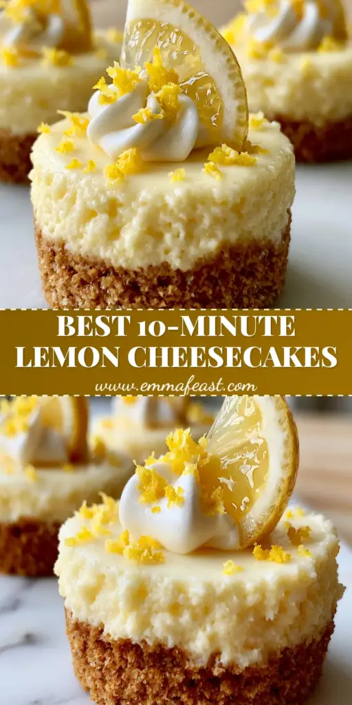A stack of three mini lemon cheesecakes with golden crusts, whipped cream, and fresh lemon slices on a white marble surface. (mini lemon cheesecakes)