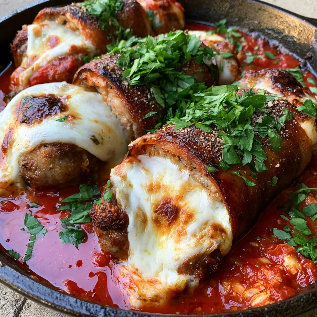 Overhead shot of cheesy Stuffed Italian sausage garnished with fresh parsley and coarse black pepper in a cast iron pan.