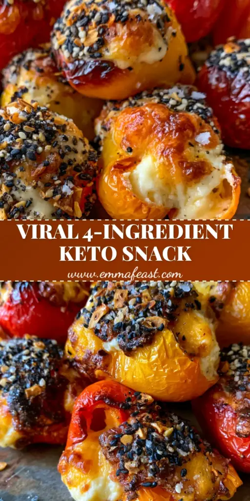 A stack of air-fried Cream cheese stuffed mini peppers with everything bagel seasoning and bubbly cheddar on a slate board.
