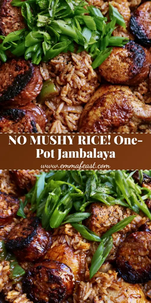 A steaming rustic black cast iron pot filled with chicken and sausage jambalaya recipe, garnished with green scallions.
