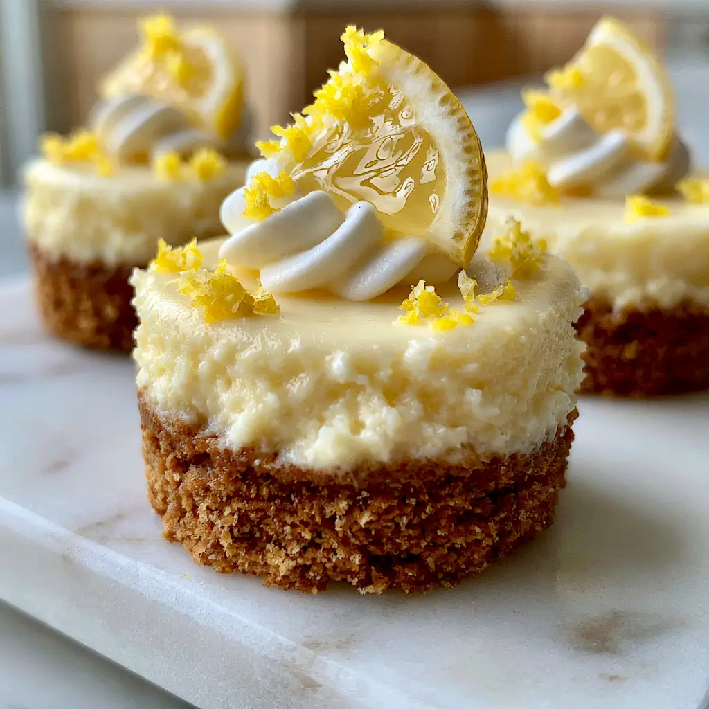 Close-up of mini lemon cheesecakes on a marble surface with soft natural lighting.