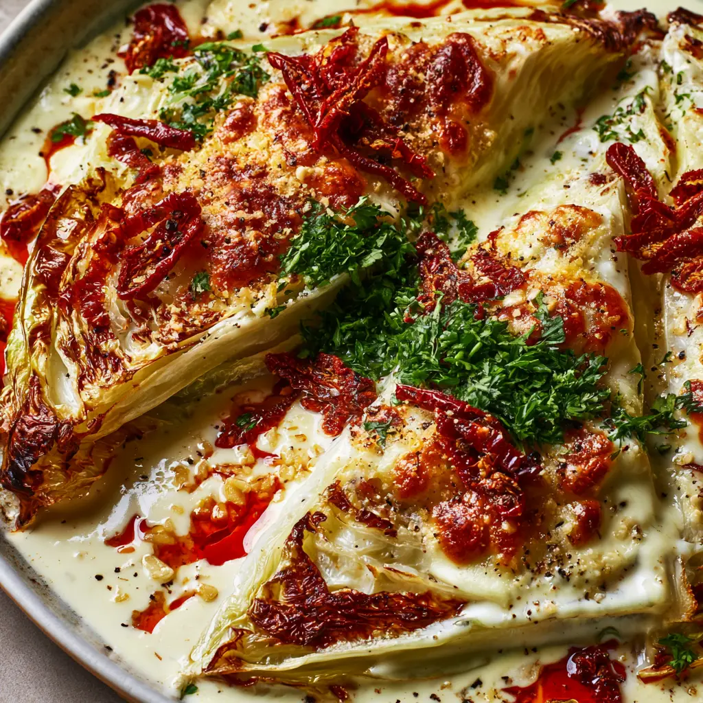 Triangular green cabbage wedges smothered in melted cheese and sundried tomatoes. (Marry Me Melting Cabbage)