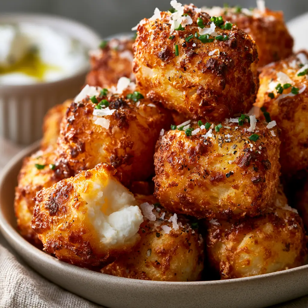 A split-open Cottage Cheese Tot revealing a steaming creamy white protein-rich center.