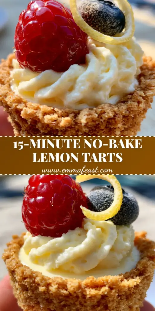 Close-up of no-bake lemon cheesecake tarts topped with a fresh raspberry, blueberry, and lemon spiral on a linen napkin.