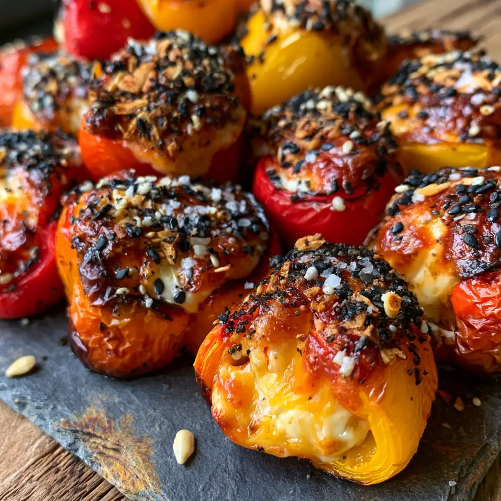 A sliced open Cream cheese stuffed mini pepper revealing a gooey, creamy molten center.