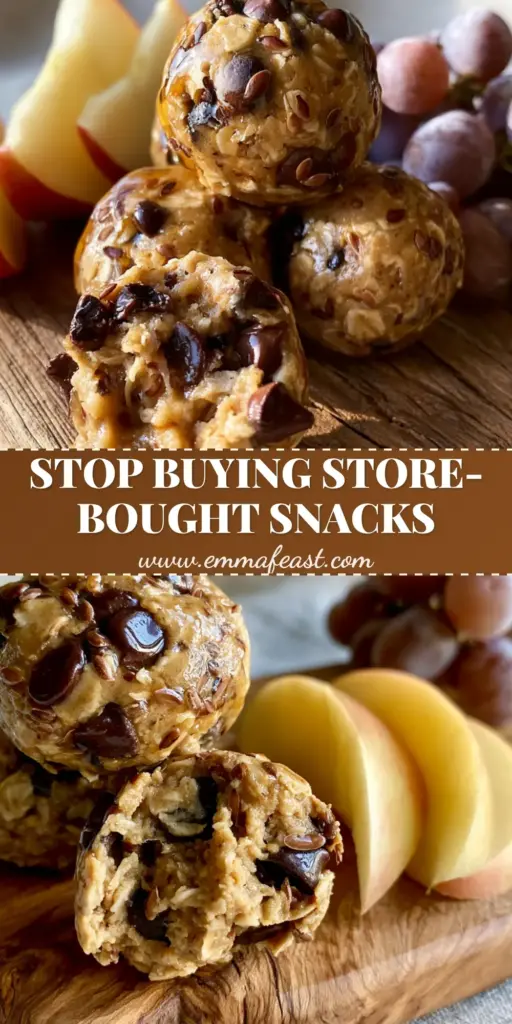 A rustic wooden board featuring a stack of handcrafted peanut butter energy bites, gala apple slices, and purple grapes for perfect homemade snacks.