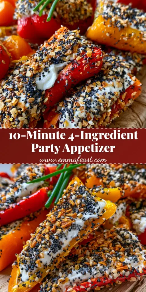 Cold Stuffed Mini Peppers with Everything Bagel Cream Cheese 4 A stack of vibrant red, orange, and yellow cold stuffed mini peppers topped with heavy everything bagel seasoning and fresh chives on a wooden board.
