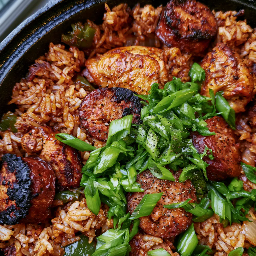 Rustic cast iron pot filled with steaming Jambalaya recipe featuring golden-brown chicken and green scallions.