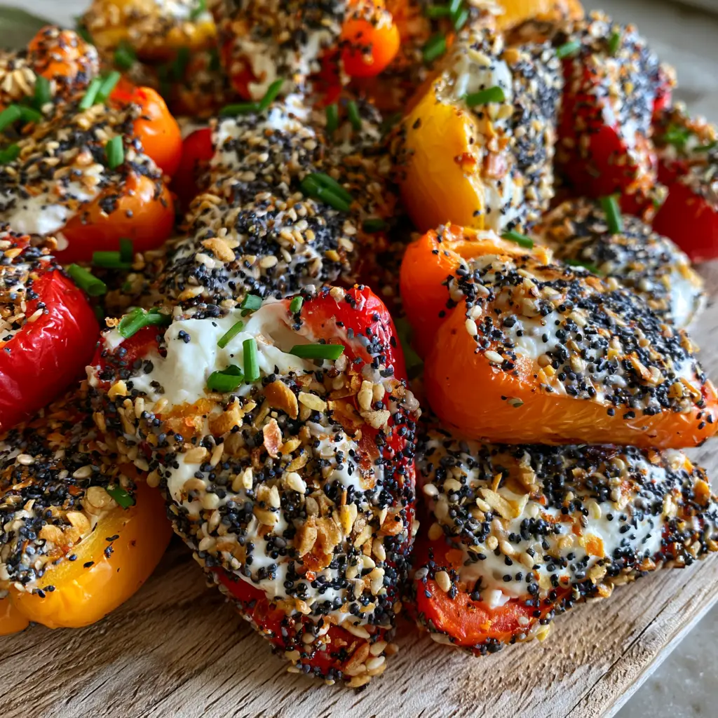 Close-up of vibrant cold stuffed mini peppers showing the thick velvety cream cheese and crunchy sesame seed topping.