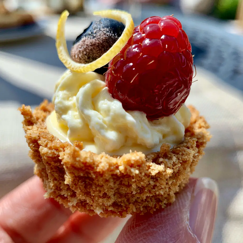 Macro shot of a mini lemon tart showing the crunchy texture of the graham cracker crust and fresh berry garnish.