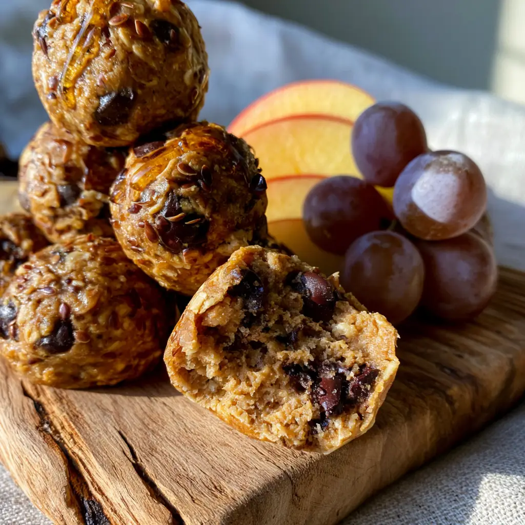 A stack of peanut butter energy bites on a wooden board with a honey drizzle and fresh fruit. (homemade snacks)