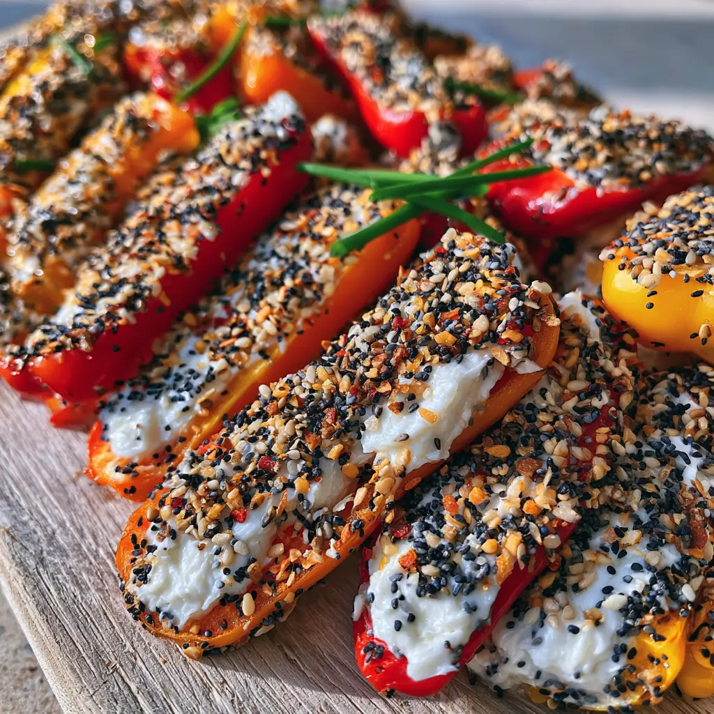 Cold Stuffed Mini Peppers with Everything Bagel Cream Cheese 1 A dynamic pile of red and yellow cold stuffed mini peppers on a rustic wood board under natural window light.